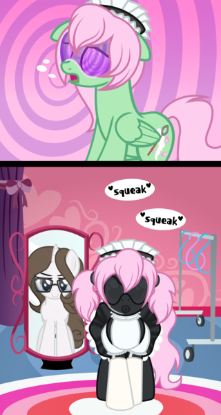 Size: 2453x4601 | Tagged: questionable, alternate version, artist:nxzc88, derpibooru import, oc, oc:pyrisa miracles, oc:spectral wind, pegasus, pony, unicorn, 2 panel comic, brainwashing, choker, clothes, comic, dress, female, femdom, femsub, gag, gimp, gimp suit, hood, hypnogear, hypnogoggles, hypnosis, latex, maid, maid headdress, mirror, onomatopoeia, pigtails, reflection, show accurate, smiling, smirk, socks, squeak, submissive, swirly eyes, visor