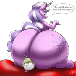 Size: 1400x1400 | Tagged: suggestive, artist:tracerpainter, derpibooru import, diamond tiara, oc, oc:lunar moon, pony, butt, butt crush, butt smoosh, huge butt, impossibly large butt, large butt, nail file, older, older diamond tiara, speech bubble, the ass was fat