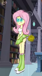 Size: 2160x3840 | Tagged: suggestive, artist:quicktimepony, derpibooru import, fluttershy, equestria girls, 4k, ass, blushing, breasts, butt, clothes, fart, fart cloud, fart fetish, fart noise, female, fetish, glowing eyes, library, onomatopoeia, signature, skirt, skirt lift, solo, sound effects, tanktop