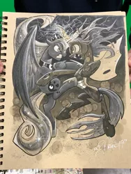 Size: 1536x2048 | Tagged: alicorn, angry, artist:andypriceart, changeling, changeling queen, derpibooru import, duo, female, fight, glowing horn, grayscale, gritted teeth, horn, jewelry, looking at each other, mare, marker drawing, monochrome, princess luna, queen chrysalis, regalia, safe, traditional art