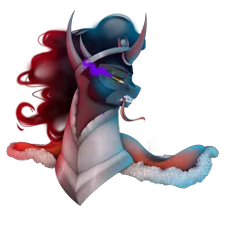 Size: 5500x5500 | Tagged: safe, artist:melodyboundless, derpibooru import, king sombra, pony, absurd resolution, armor, bust, curved horn, dark magic, darkness, fangs, horn, lidded eyes, long tongue, magic, male, portrait, signature, simple background, solo, sombra eyes, squint, stallion, teeth, tongue out, transparent background