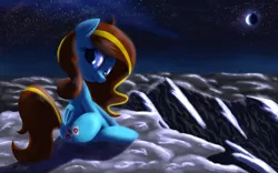 Size: 4000x2500 | Tagged: safe, artist:sweetbrew, derpibooru import, oc, oc:ilovekimpossiblealot, unofficial characters only, pegasus, pony, cloud, moon, mountain, scenery, sky, stars