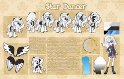 Size: 5778x3700 | Tagged: safe, artist:paradiseskeletons, derpibooru import, oc, oc:star dancer, unofficial characters only, alicorn, pony, unicorn, ponyfinder, alicornified, dungeons and dragons, equestria girls oc, horn, pen and paper rpg, piebald, piebald coloring, race swap, reference, reference sheet, rpg, unicorn oc, wings