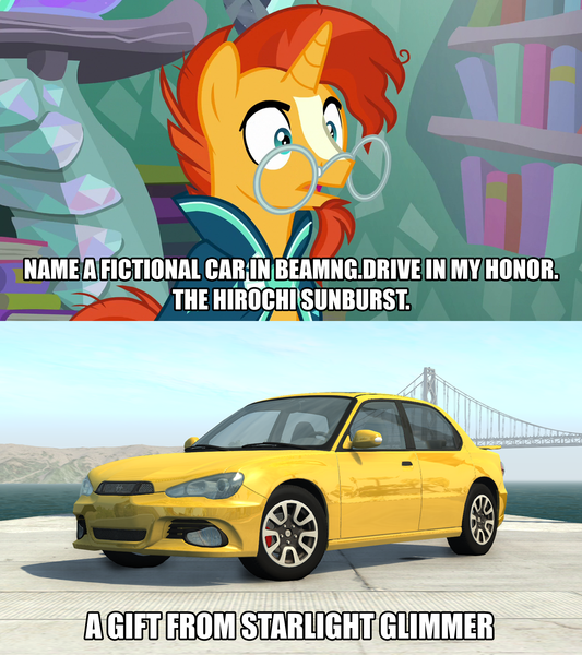 Size: 1600x1800 | Tagged: safe, derpibooru import, edit, edited screencap, screencap, sunburst, pony, unicorn, the crystalling, beamng.drive, caption, car, clothes, glasses, hirochi sunburst, image macro, impact font, implied starlight glimmer, male, meme, namesake, pun, robe, simulator, solo, stallion, sunburst's glasses, sunburst's robe, surprised, text, video game