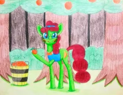 Size: 1135x876 | Tagged: safe, artist:dialysis2day, derpibooru import, oc, oc:helen, earth pony, pony, basket, female, food, mare, orange, solo, traditional art, tree