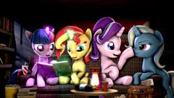 Size: 3840x2160 | Tagged: safe, artist:apexpredator923, derpibooru import, starlight glimmer, sunset shimmer, trixie, twilight sparkle, twilight sparkle (alicorn), alicorn, pony, unicorn, 3d, 4k, :t, bag, book, bookshelf, boop, chair, couch, counterparts, crepuscular rays, cup, drink, drinking straw, female, floppy ears, food, glow, glowing horn, high res, horn, lantern, levitation, magic, magical quartet, mare, missing accessory, night, nose wrinkle, open mouth, popcorn, smiling, source filmmaker, table, telekinesis, twilight's counterparts, unamused, wall of tags, window, wings