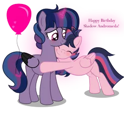 Size: 945x872 | Tagged: safe, artist:liya04, derpibooru import, oc, oc:shadow andromeda, oc:sky sparkle, alicorn, pegasus, pony, balloon, base used, female, half-siblings, hug, mare, offspring, parent:flash sentry, parent:king sombra, parent:twilight sparkle, parents:flashlight, parents:twibra, siblings, sisters