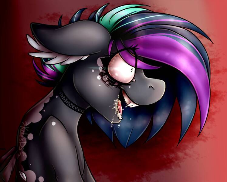 Size: 1520x1220 | Tagged: safe, artist:kateponylover, derpibooru import, oc, oc:karren darkkitty, pony, bust, crazy face, drool, faic, fangs, insanity, portrait, side view, teeth, tongue out