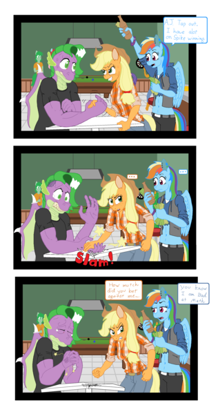 Size: 2129x4047 | Tagged: anthro, applejack, arm wrestling, artist:dirt-slayer, bet, bottle, clothes, crying, derpibooru import, money, piercing, poor, rainbow dash, safe, shirt, spike