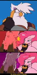 Size: 638x1284 | Tagged: anthro, artist:droll3, bedroom eyes, big breasts, breasts, busty gilda, busty pinkie pie, comic, derpibooru import, female, finger sucking, fuck you, gilda, gildapie, huge breasts, lesbian, looking at each other, middle finger, needy, pinkie pie, shipping, spider-man, suggestive, vulgar