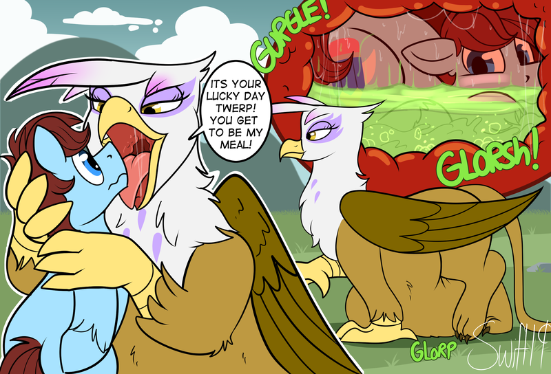 Size: 2500x1700 | Tagged: questionable, semi-grimdark, artist:swiftsketchpone, derpibooru import, gilda, oc, oc:swift sketch, earth pony, gryphon, pony, carnivore, female, fetish, food chain, gildapred, griffons doing griffon things, imminent death, internal, male, mawshot, open mouth, predator, prey, speech bubble, stallion, stomach acid, stomach noise, vore