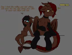 Size: 1479x1132 | Tagged: safe, artist:scarrly, derpibooru import, oc, oc:velvet ale, oc:whiskey dreams, incubus, pony, succubus, dialogue, probably related, size difference, smol, swearing, vulgar