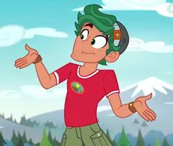 Size: 848x720 | Tagged: safe, derpibooru import, screencap, timber spruce, equestria girls, legend of everfree, legend of everfree - bloopers, camp everfree logo, camp everfree outfits, clothes, cropped, cute, male, smiling, timberbetes