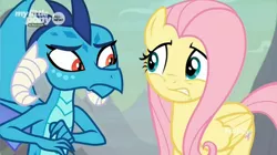 Size: 1680x940 | Tagged: safe, derpibooru import, screencap, fluttershy, princess ember, dragon, pegasus, pony, sweet and smoky, dragoness, duo, female, looking at each other, mare