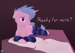 Size: 3508x2480 | Tagged: suggestive, artist:expression2, derpibooru import, oc, oc:besti, unofficial characters only, pony, unicorn, bed, clothes, female, inviting, inviting you, lying down, pillow, sex request, simple background, socks, solo, striped socks
