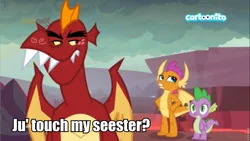 Size: 960x540 | Tagged: caption, cartoonito logo, derpibooru import, dragon, dragoness, edit, edited screencap, female, garble, image macro, implied spolder, italian, male, safe, screencap, siblings, silly, smolder, spike, sweet and smoky, text, trio, very silly, very very silly, winged spike
