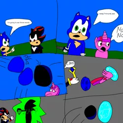 Size: 1000x1000 | Tagged: artist:mylittlebicks, chaos emerald, comic:time of pony and animals, crossover, derpibooru import, safe, shadow the hedgehog, sonic adventure 2, sonic the hedgehog, sonic the hedgehog (series), time paradox, time travel, twilight sparkle