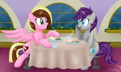 Size: 1024x611 | Tagged: safe, artist:raspberrystudios, derpibooru import, oc, unofficial characters only, earth pony, pegasus, pony, commission, dinner, friendship, grin, restaurant, smiling, whisper