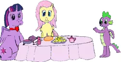 Size: 500x255 | Tagged: safe, artist:britt allcroft, artist:ewxep, derpibooru import, fluttershy, spike, twilight sparkle, twilight sparkle (alicorn), alicorn, dragon, pegasus, pony, 1000 hours in ms paint, crossover, reference in the description, simple background, white background