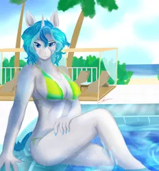 Size: 2763x2981 | Tagged: absolute cleavage, anthro, anthro oc, artist:mantarwolf, beach, bikini, breasts, cleavage, clothes, commission, derpibooru import, female, gift art, nail polish, oc, oc:bubble lee, smiling, solo, solo female, suggestive, swimming pool, swimsuit, unguligrade anthro, unofficial characters only, water, ych result