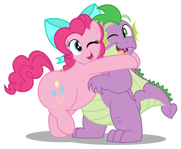 Size: 2000x1640 | Tagged: safe, artist:aleximusprime, derpibooru import, pinkie pie, spike, dragon, earth pony, pony, bow, chubbie pie, chubby, chubby spike, cuddly, cute, diabetes, fat, fat spike, female, hug, huggable, male, mare, older, older pinkie pie, older spike, one eye closed, plump, pudgy pie, winged spike, wink