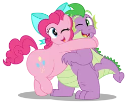 Size: 2000x1640 | Tagged: safe, artist:aleximusprime, derpibooru import, pinkie pie, spike, dragon, earth pony, pony, bow, chubbie pie, chubby, chubby spike, cuddly, cute, diabetes, fat, fat spike, female, hug, huggable, male, mare, older, older pinkie pie, older spike, one eye closed, plump, pudgy pie, winged spike, wink