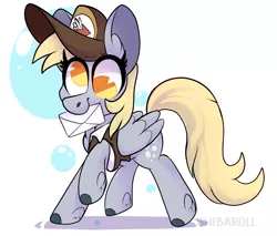 Size: 2534x2160 | Tagged: safe, artist:shibaroll, deleted from derpibooru, derpibooru import, derpy hooves, pegasus, pony, bubble, cap, clothes, colored hooves, cute, derp, derpabetes, ear fluff, envelope, food, hat, leg fluff, letter, mailmare, mouth hold, muffin, no pupils, simple background, solo, white background, wings