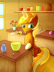 Size: 960x1280 | Tagged: safe, artist:kripperok, derpibooru import, caramel, oc, unicorn, candies, candy, cream, female, food, horn, kitchen, mare, original character do not steal, room, sweets, table, unicorn oc