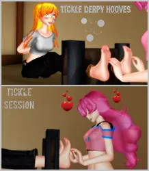 Size: 1044x1200 | Tagged: 3d, alternate hairstyle, arm behind back, artist:osiel-alex, barefoot, belly button, belt, blushing, bondage, breasts, clothes, comic, crying, derpibooru import, derpy hooves, erotic tickling, feet, female, females only, femdom, femsub, fetish, foot fetish, human, humanized, jeans, laughing, midriff, mmd, nail polish, open mouth, pants, pinkie pie, rope, rope bondage, shirt, shorts, short shirt, stocks, submissive, suggestive, tears of laughter, tickle fetish, tickle torture, tickling, t-shirt