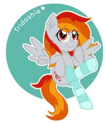Size: 4189x4919 | Tagged: safe, artist:superanina, derpibooru import, oc, oc:tridashie, unofficial characters only, pegasus, pony, abstract background, circle background, clothes, cute, eye clipping through hair, female, heart, mare, ocbetes, socks, solo, spread wings, striped socks, wings