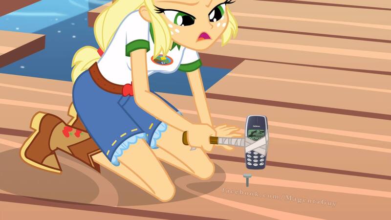 Size: 1920x1080 | Tagged: safe, derpibooru import, edit, edited screencap, screencap, applejack, equestria girls, legend of everfree, nokia, nokia 3310