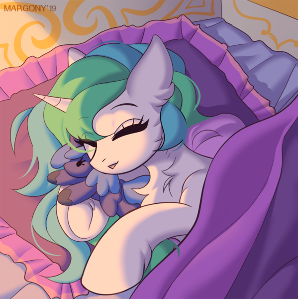 Size: 998x1000 | Tagged: safe, artist:margony, derpibooru import, princess celestia, princess luna, alicorn, pony, bed, cute, cutelestia, cuteness overload, daaaaaaaaaaaw, eyes closed, female, happy, hug, on bed, open mouth, plushie, pony holding plushie, royal sisters, sleeping