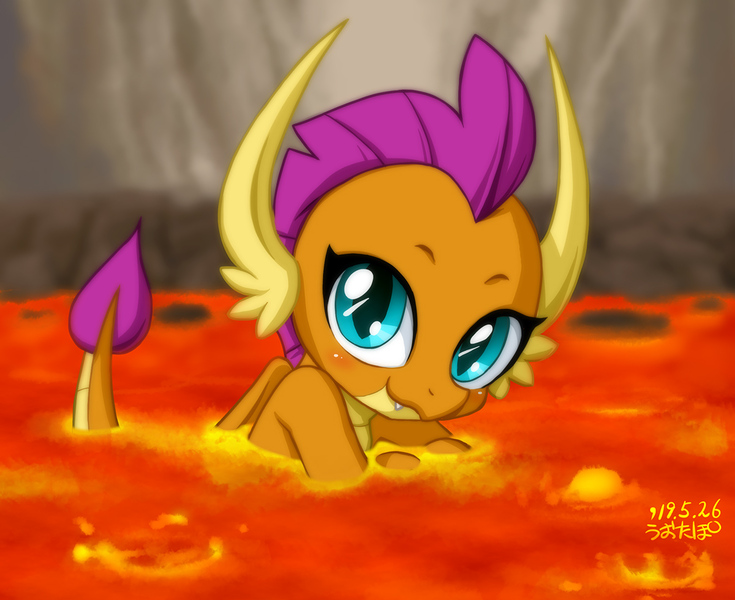 Size: 1200x980 | Tagged: alternate version, artist:uotapo, blushing, cute, derpibooru import, dragon, dragoness, female, lava, lava bathing, looking at you, safe, sitting, smiling, smolder, smolderbetes, solo, sweet and smoky, uotapo is trying to murder us