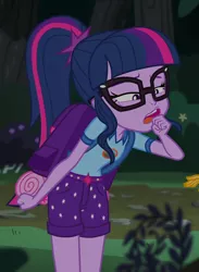 Size: 448x611 | Tagged: safe, derpibooru import, screencap, sci-twi, sunset shimmer, twilight sparkle, equestria girls, legend of everfree - bloopers, camp everfree outfits, cropped, female, glasses, offscreen character, ponytail, snarf