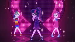 Size: 2048x1151 | Tagged: safe, derpibooru import, pinkie pie, rainbow dash, sci-twi, twilight sparkle, equestria girls, equestria girls series, i'm on a yacht, spoiler:eqg series (season 2), bare shoulders, dancing, neon eg logo, sandals, sleeveless, trio