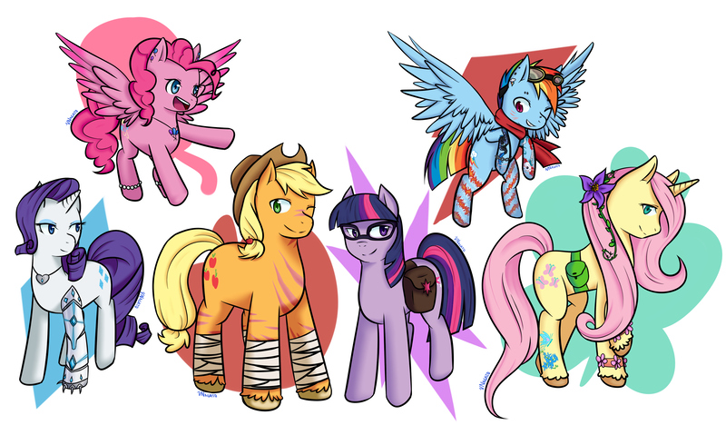 Size: 3667x2247 | Tagged: safe, alternate version, artist:vnagato, derpibooru import, applejack, fluttershy, pinkie pie, rainbow dash, rarity, twilight sparkle, cyborg, earth pony, pegasus, pony, unicorn, leak, spoiler:g5, amputee, applejack (g5), bag, bandage, clothes, cowboy hat, ear piercing, earring, earth pony twilight, eyebrow piercing, eyeshadow, flower, flower in hair, fluttershy (g5), flying, g5, glasses, goggles, hat, jewelry, makeup, mane six, mane six (g5), necklace, one eye closed, pegasus pinkie pie, piercing, pinkie pie (g5), prosthetic leg, prosthetic limb, prosthetics, race swap, rainbow dash (g5), raised hoof, rarity (g5), saddle bag, scar, scarf, species swap, sports tape, tape, tattoo, twilight sparkle (g5), unicorn fluttershy, unshorn fetlocks, wink