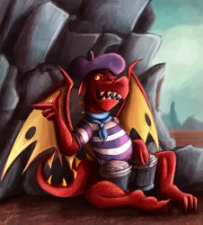 Size: 1129x1250 | Tagged: artist:jamescorck, beatnik, beret, bongos, clothes, derpibooru import, dragon, garble, hat, male, one eye closed, safe, shirt, solo, striped shirt, sweet and smoky, that was fast, wink