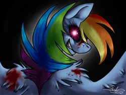 Size: 800x600 | Tagged: artist needed, source needed, grimdark, derpibooru import, rainbow dash, pegasus, pony, fanfic:rainbow factory, blood, creepypasta, female, glowing eyes, gradient background, grin, looking at you, looking over shoulder, mare, rainbow factory dash, smiling, solo, sonic.exe, spread wings, wings, zalgo