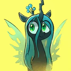 Size: 1753x1753 | Tagged: artist:dawnfire, changeling, changeling queen, crown, cute, cutealis, derpibooru import, eye clipping through hair, female, horn, jewelry, queen chrysalis, regalia, safe, simple background, smiling, solo, wings, yellow background