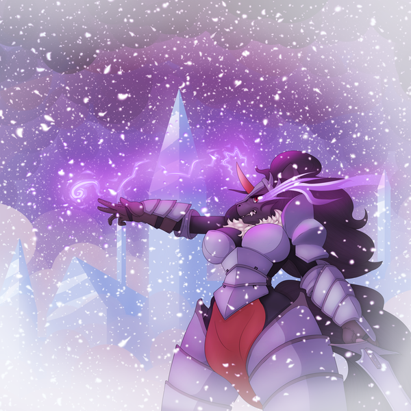 Size: 3000x3000 | Tagged: safe, artist:limebreaker, derpibooru import, king sombra, anthro, unicorn, armor, breasts, busty queen umbra, female, loincloth, magic, queen umbra, rule 63, snow, snowfall, solo, sombra eyes, sword, weapon