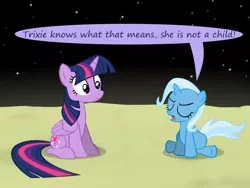 Size: 1200x900 | Tagged: safe, artist:evil-dec0y, derpibooru import, trixie, twilight sparkle, twilight sparkle (alicorn), alicorn, pony, unicorn, comic:trixie vs., comic:trixie vs. the moon, comic, female, filly, mare, speech bubble