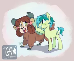 Size: 1022x846 | Tagged: safe, artist:great9star, derpibooru import, sandbar, yona, pony, yak, bow, cloven hooves, cute, eye clipping through hair, female, hair bow, interspecies, male, monkey swings, sandabetes, shipping, signature, simple background, straight, teenager, yonabar, yonadorable