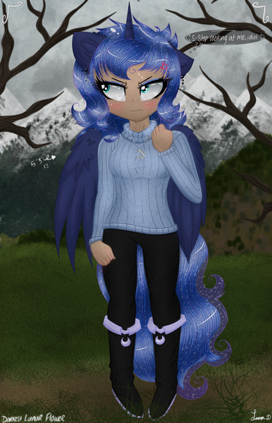 Size: 2250x3500 | Tagged: alicorn, annoyed, artist:darkest-lunar-flower, blushing, boots, clothes, cross-popping veins, derpibooru import, horn, horned humanization, human, humanized, jewelry, necklace, pony ears, princess luna, safe, shoes, solo, sweater, tailed humanization, turtleneck, winged humanization, wings