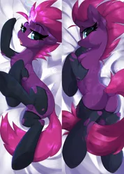 Size: 1506x2111 | Tagged: safe, alternate version, artist:rileyisherehide, derpibooru import, tempest shadow, pony, unicorn, blushing, body pillow, body pillow design, broken horn, butt, chest fluff, clothes, dock, ear fluff, eye scar, female, floppy ears, glowing horn, horn, leg fluff, lightly watermarked, looking at you, looking back, looking back at you, mare, patreon, plot, ripped stockings, scar, socks, solo, stockings, thigh highs, torn clothes, watermark