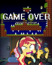 Size: 1913x2391 | Tagged: safe, derpibooru import, edit, edited screencap, screencap, fluttershy, sunset shimmer, equestria girls, equestria girls series, spoiler:eqg series (season 2), i wanna be the guy, moon, press r to try again, spikes, sunset gamer, sunset shimmer frustrated at game, tombstones, tree