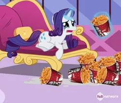 Size: 546x467 | Tagged: safe, derpibooru import, edit, edited screencap, screencap, rarity, bird, chicken, pony, inspiration manifestation, chicken meat, couch, cropped, crying, food, fried chicken, kfc, marshmelodrama, meat, ponies eating meat, rarity being rarity, solo, this will end in weight gain