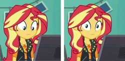 Size: 1872x911 | Tagged: safe, derpibooru import, edit, edited edit, edited screencap, screencap, sunset shimmer, equestria girls, equestria girls series, forgotten friendship, cropped, editception, geode of empathy, i've seen some shit, looking at something, looking at you, magical geodes, meme, reaction image, solo, wut face