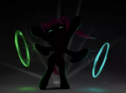 Size: 1131x836 | Tagged: safe, artist:stillwaterspony, derpibooru import, pegasus, pony, abstract background, bipedal, glowing eyes, glowstick, raver, silhouette, solo, standing