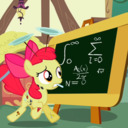 Size: 128x128 | Tagged: safe, derpibooru import, screencap, apple bloom, pony, the cutie pox, chalk, chalk drawing, chalkboard, confused, cropped, cutie pox, female, filly, hoop, math, picture for breezies, plates, raised eyebrow, solo, tap dancing, traditional art