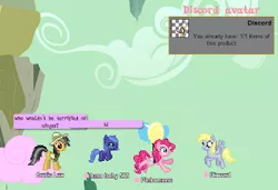 Size: 400x274 | Tagged: safe, derpibooru import, daring do, derpy hooves, discord, ditzy doo, pinkie pie, princess luna, pony, balloon, chat, chatroom, cloud, cotton candy, cotton candy cloud, desktop ponies, female, filly, filly luna, flying, food, mmo, pixel art, ponyplace, sprite, woona, younger